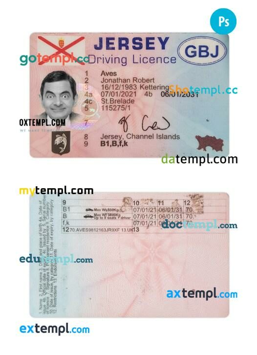 Jersey driving license PSD editable template