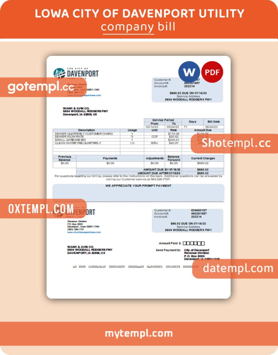 Iowa City of Davenport business utility bill, PDF and Word template