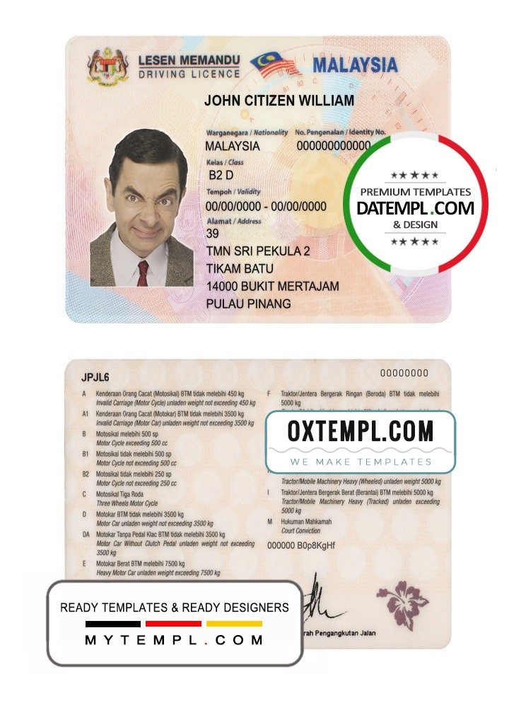 Malaysian driver license download example in PSD format, fully editable