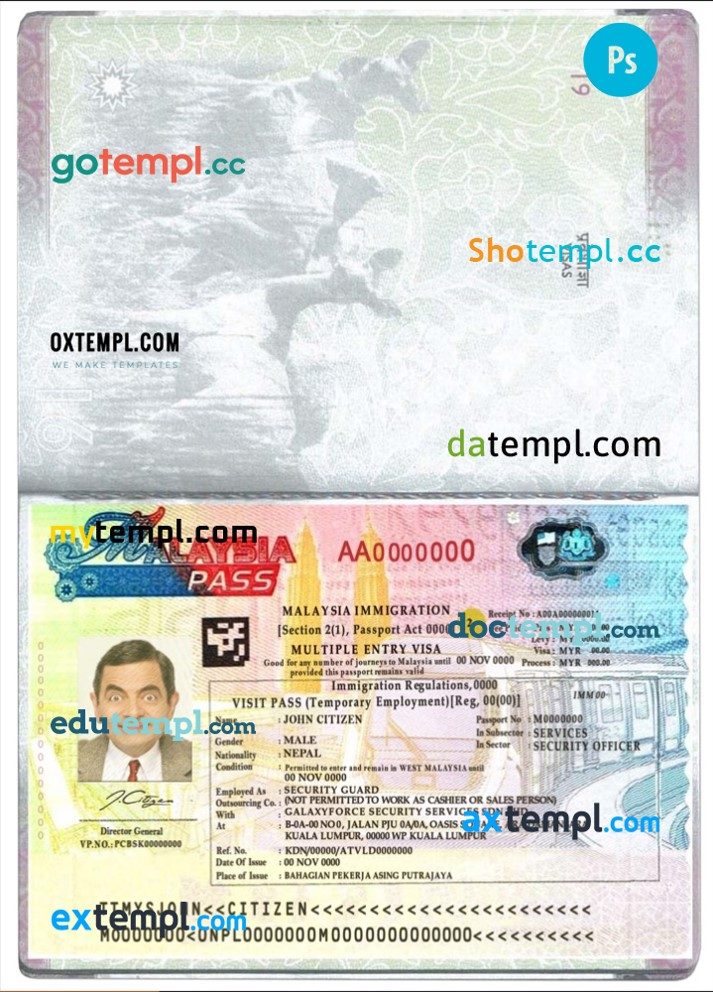 Malaysian multiple entry visa example in PSD format, fully editable
