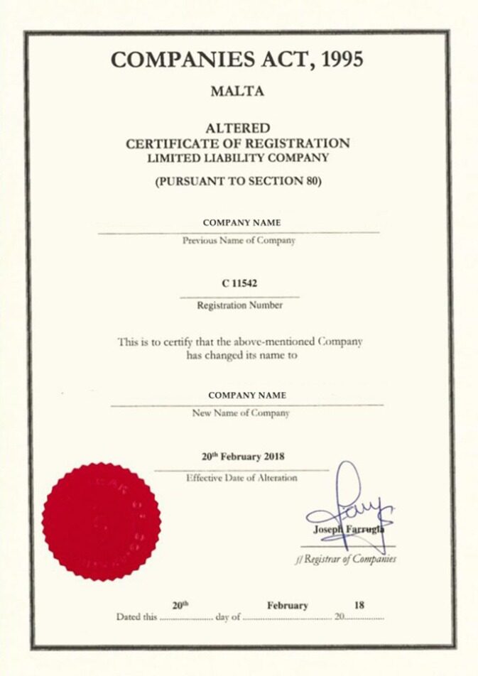 Malta Certificate of Registration PSD template