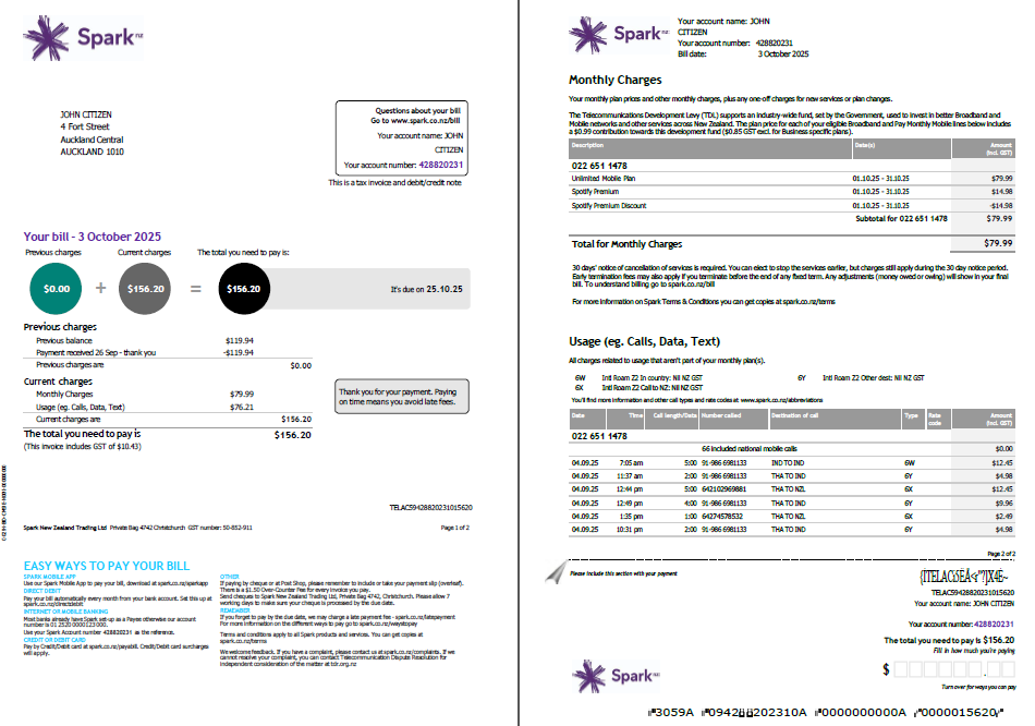 New Zealand Spark utility bill template in Word and PDF formats, 2 pages