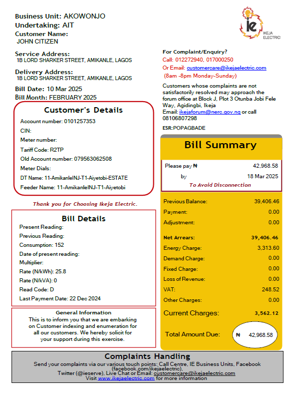 Nigeria IKEJA Electric utility bill template in Word and PDF formats
