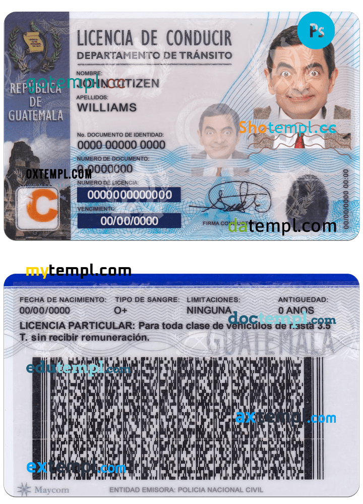 Guatemalan driver license download PSD example, with fonts
