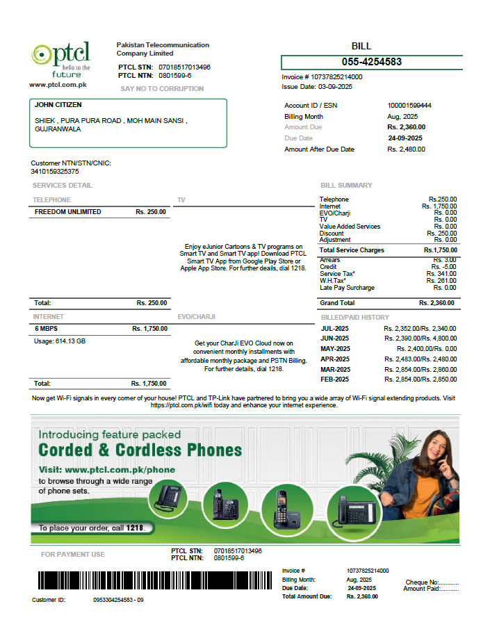 Pakistan PTCL utility bill template in Word and PDF formats, version 2