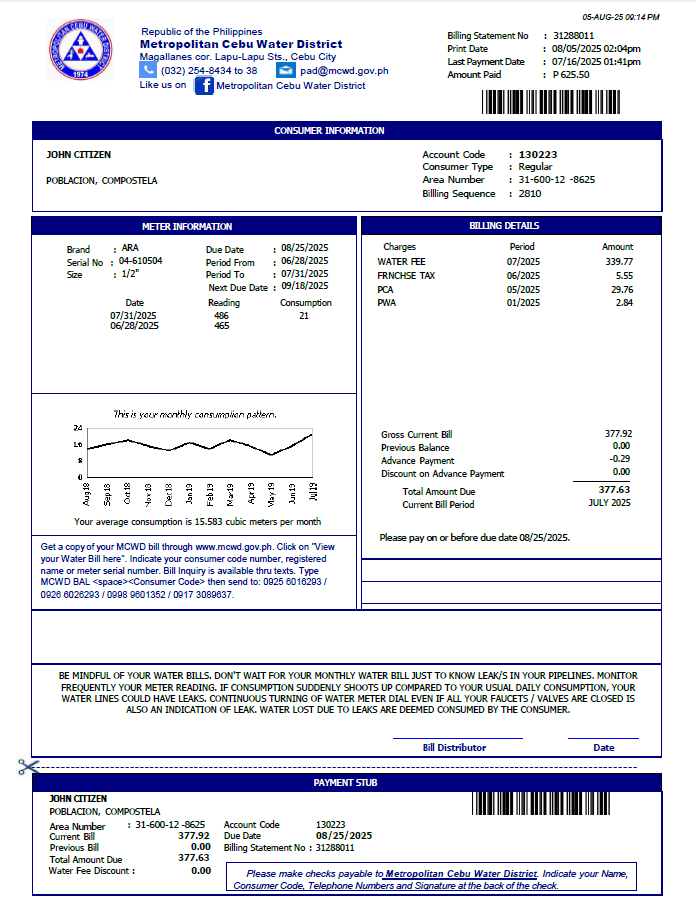 Philippines Metropolitan Cebu Water District utility bill template in Word and PDF formats