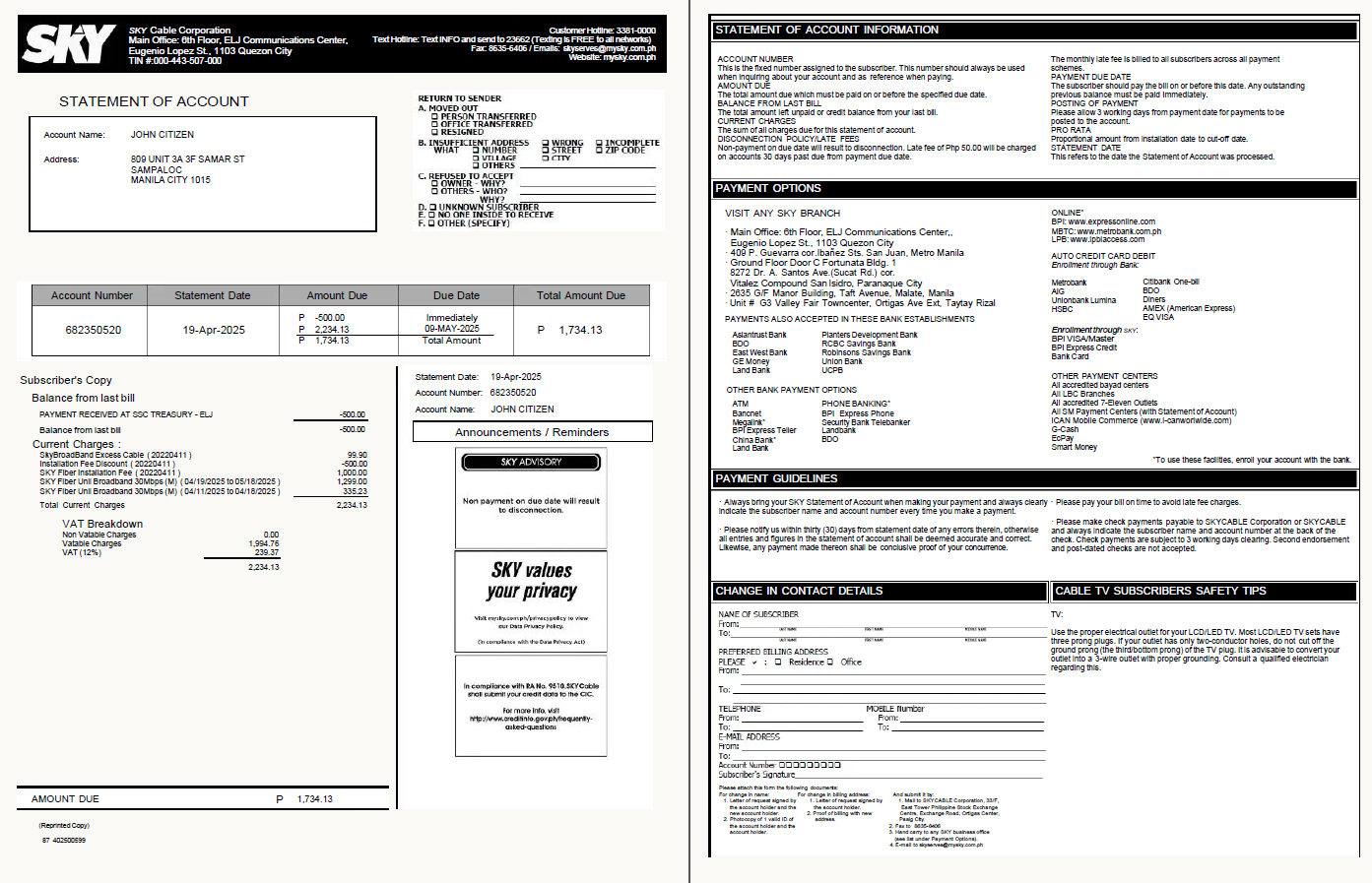 Philippines Sky Cable Corporation utility bill template in Word and PDF formats, 2 pages, version 2