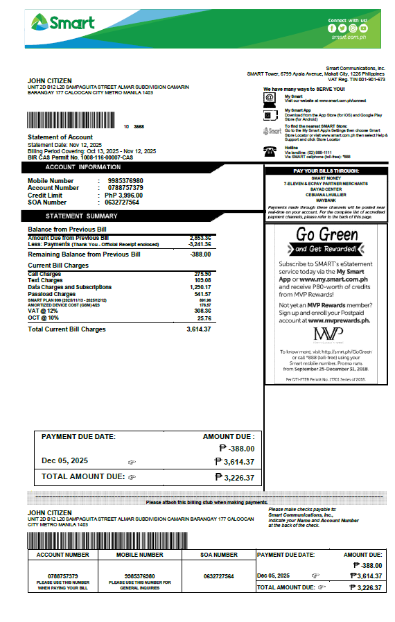 Philippines Smart utility bill template in Word and PDF formats, version 2