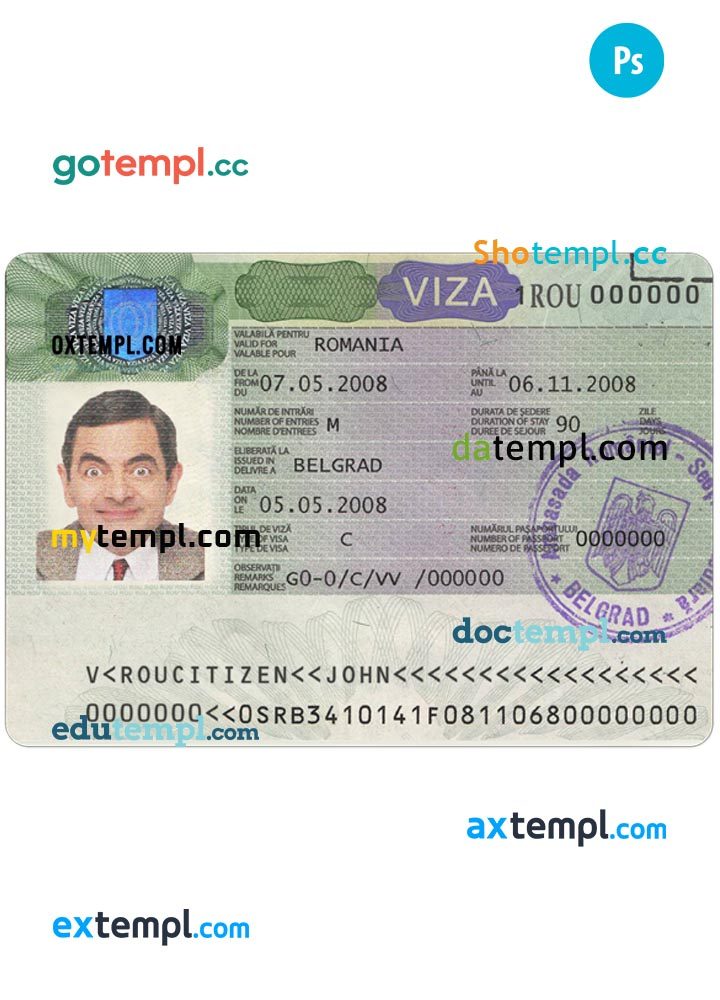 Romanian tourist visa PSD example, fully editable