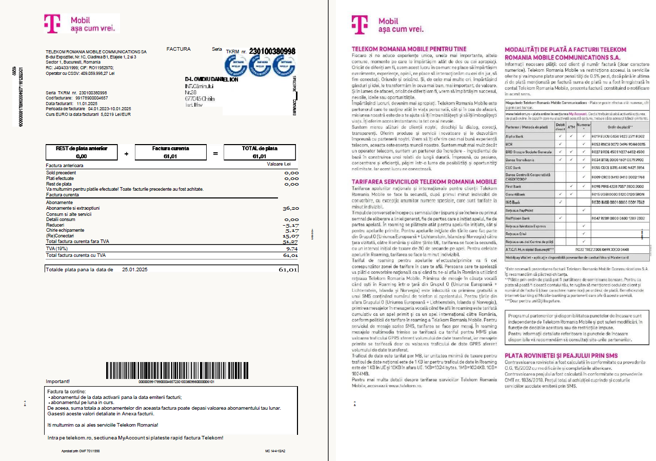 Romania T-Mobile utility bill template in Word and PDF formats, 4 pages