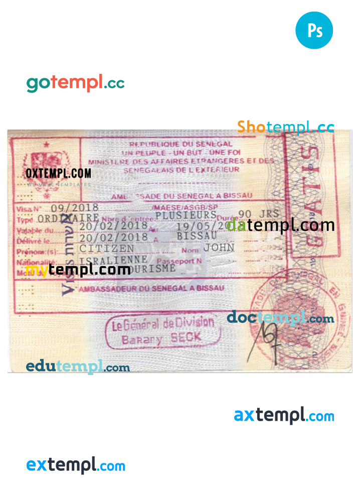 Senegalese tourist visa stamp PSD example, with fonts