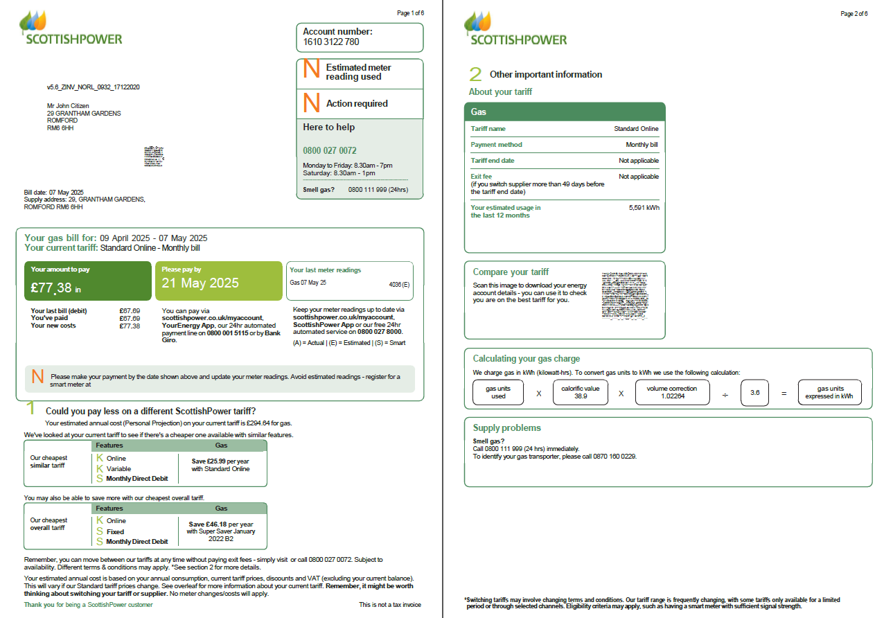 Scotland Scottish Power utility bill template in Word and PDF formats, 6 pages