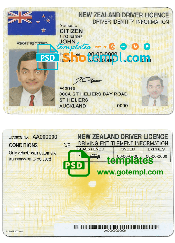 New Zealand driver license download example in PSD format, fully editable
