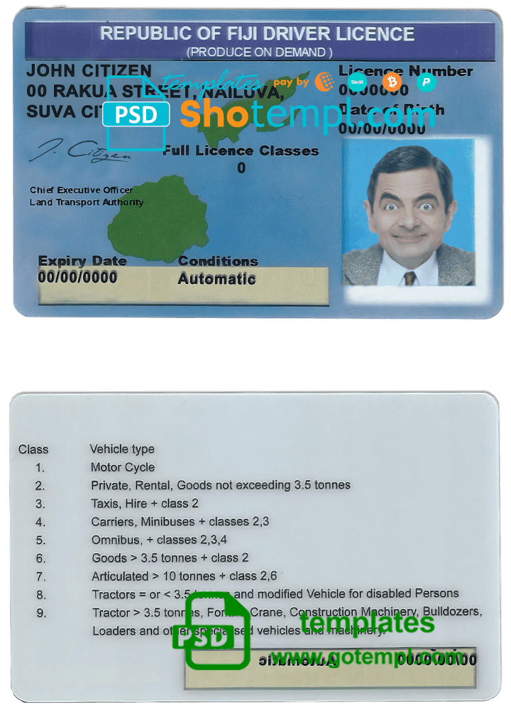 Fijian driver license download example in PSD format, fully editable