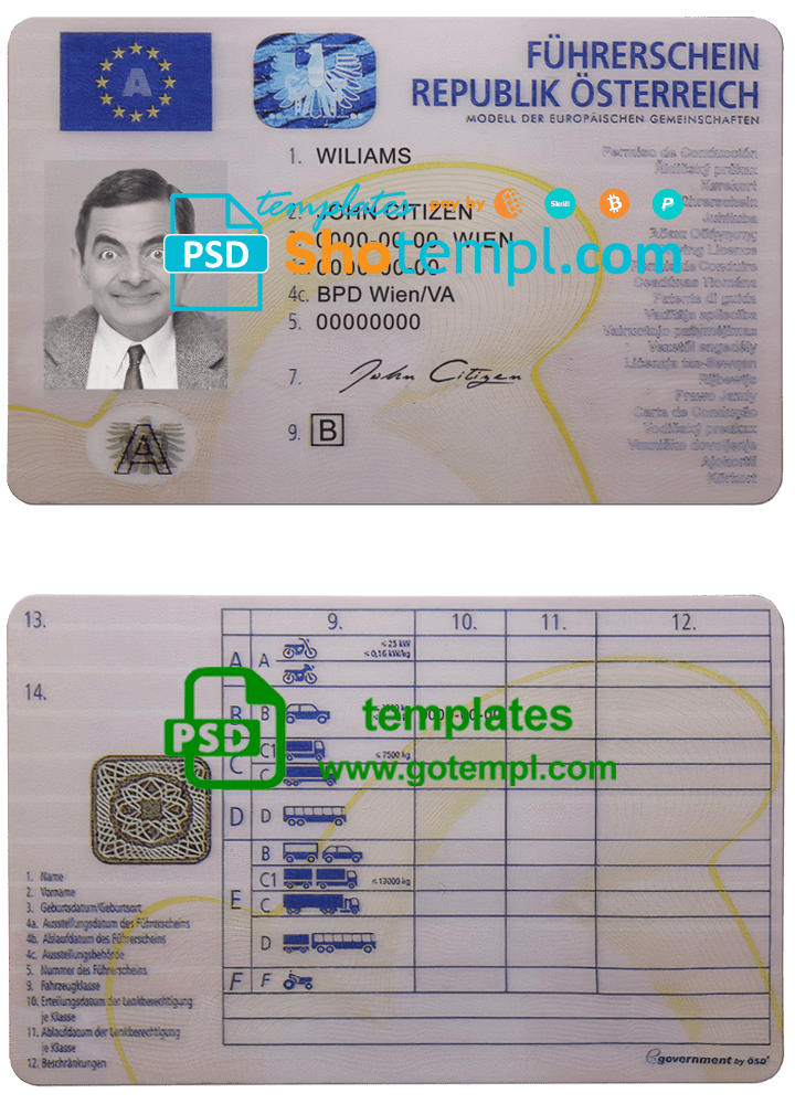 Austrian driver license download example in PSD format, fully editable
