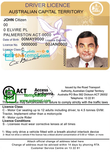 Australian Capital state driver license download example in PSD format, fully editable, with all fonts