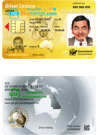 Australian Queensland state driver license download example in PSD format, fully editable, with all fonts