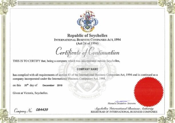 Seychelles Certificate of Continuation PSD template