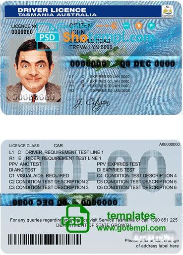 Australian Tasmania driver license example in PSD format, fully editable