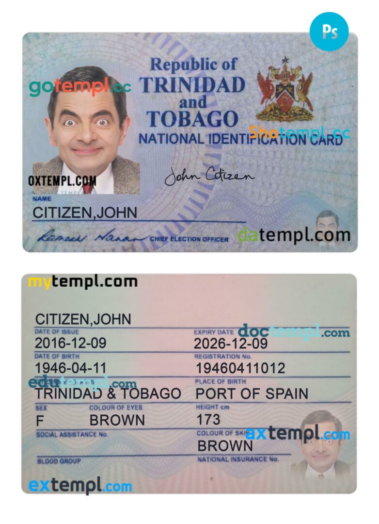 Trinidad and Tobago ID card PSD template, 2016-present