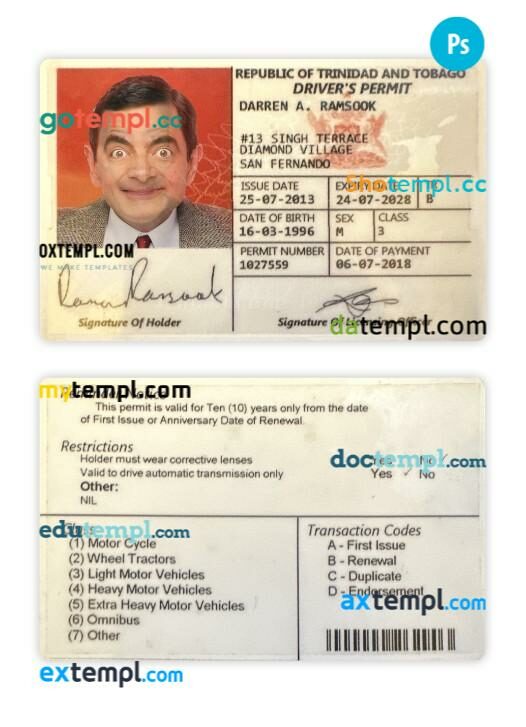 Trinidad and Tobago driving license PSD editable template, 2018-present