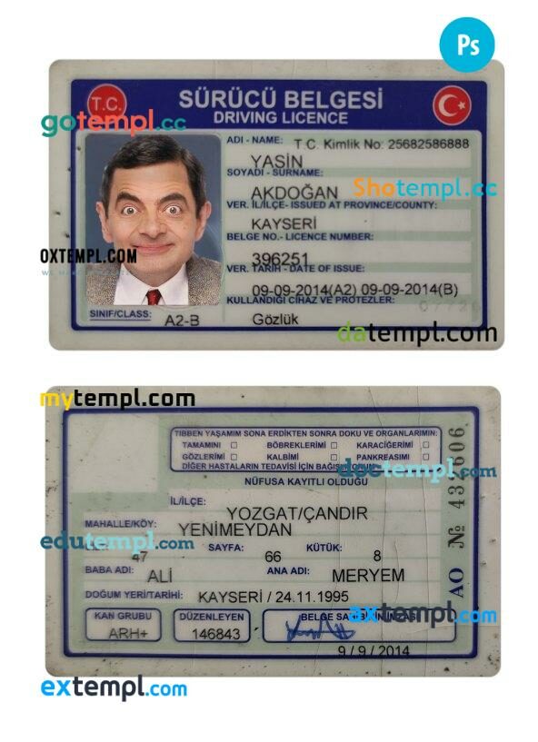 Turkey driving license PSD editable template, 2014-present