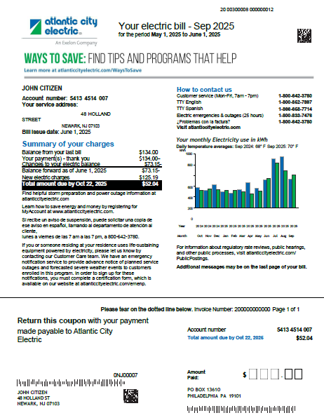 USA Atlantic City Electric utility bill template in Word and PDF formats, version 2