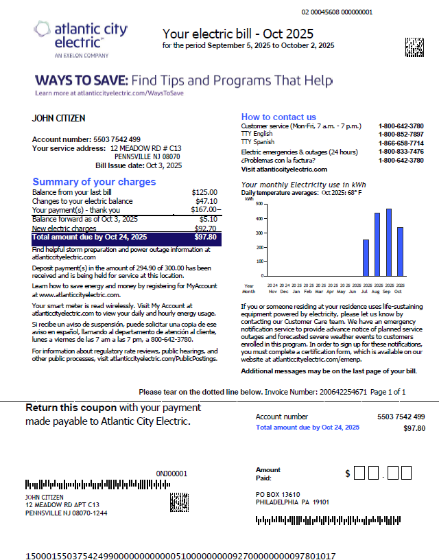USA Atlantic City Electric utility bill template in Word and PDF formats
