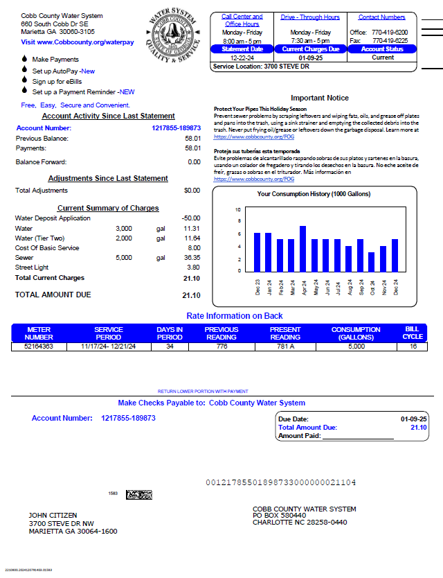 USA Cobb County Water System utility bill template in Word and PDF formats, version 3