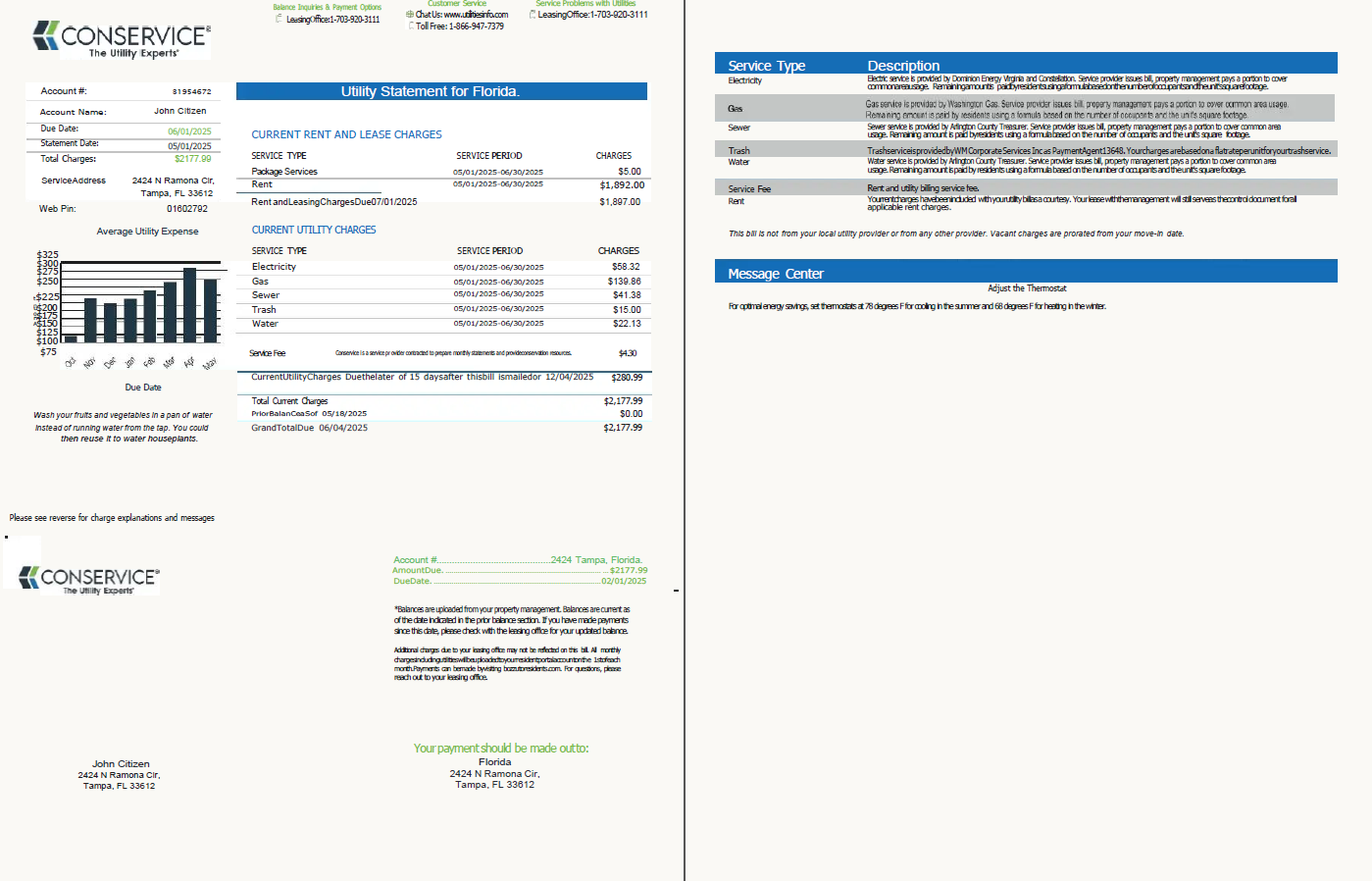USA Conservice utility bill template in Word and PDF formats, 2 pages, version 2