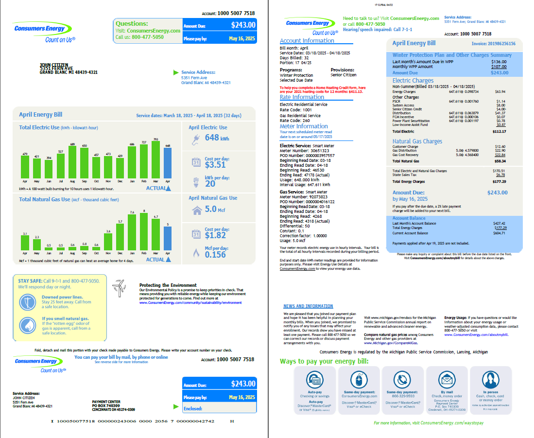 USA Consumers Energy utility bill template in Word and PDF formats, 2 pages, vesion 2