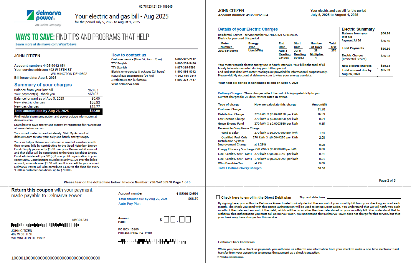 USA Delmarva Power utility bill template in Word and PDF formats, 5 pages