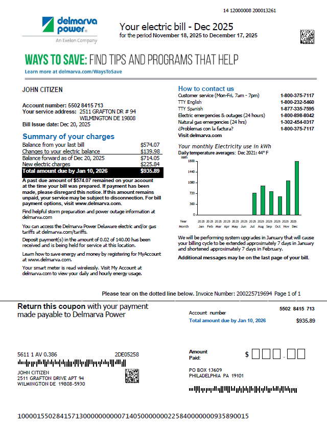 USA Delmarva Power utility bill template in Word and PDF formats, version 2
