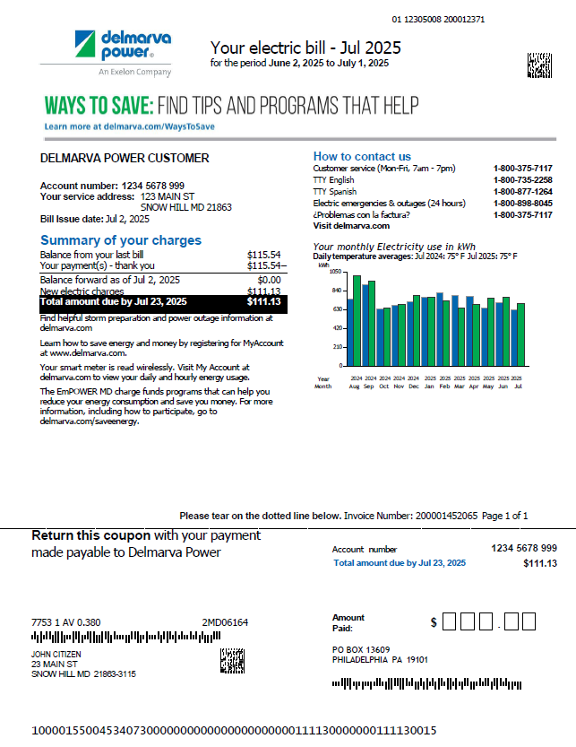 USA Delmarva Power utility bill template in Word and PDF formats, version 3