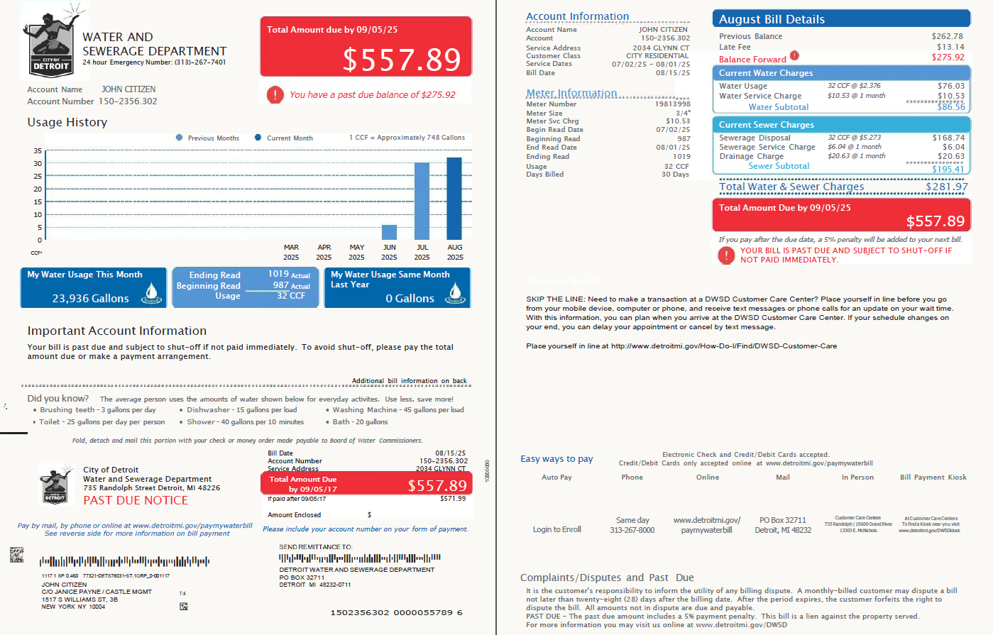 USA Detroit Water and Sewerage Department utility bill template in Word and PDF formats, 2 pages, version 3