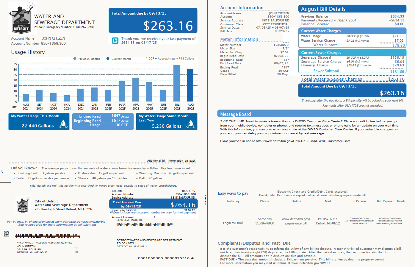 USA Detroit Water and Sewerage Department utility bill template in Word and PDF formats, 2 pages, version 5