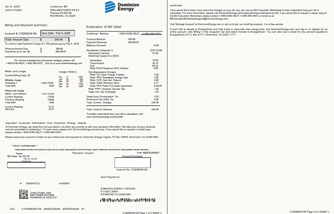 USA Dominion Energy utility bill template in Word and PDF formats, 3 pages