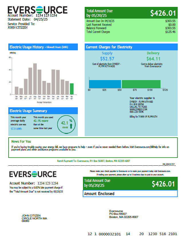 USA Eversource utility bill template in Word and PDF formats