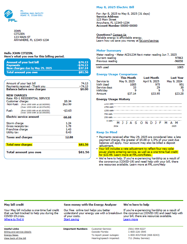 USA FPL utility bill template in Word and PDF formats, version 2