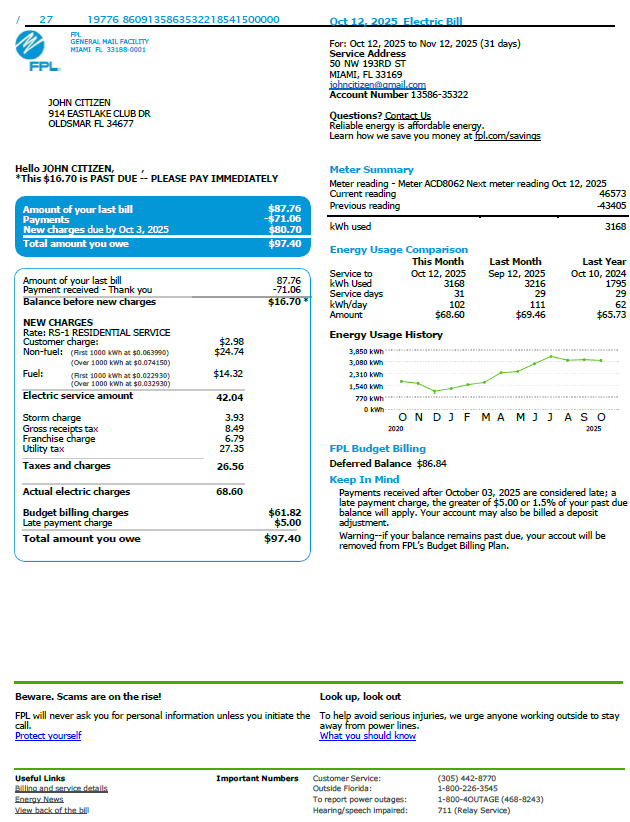 USA FPL utility bill template in Word and PDF formats, version 3