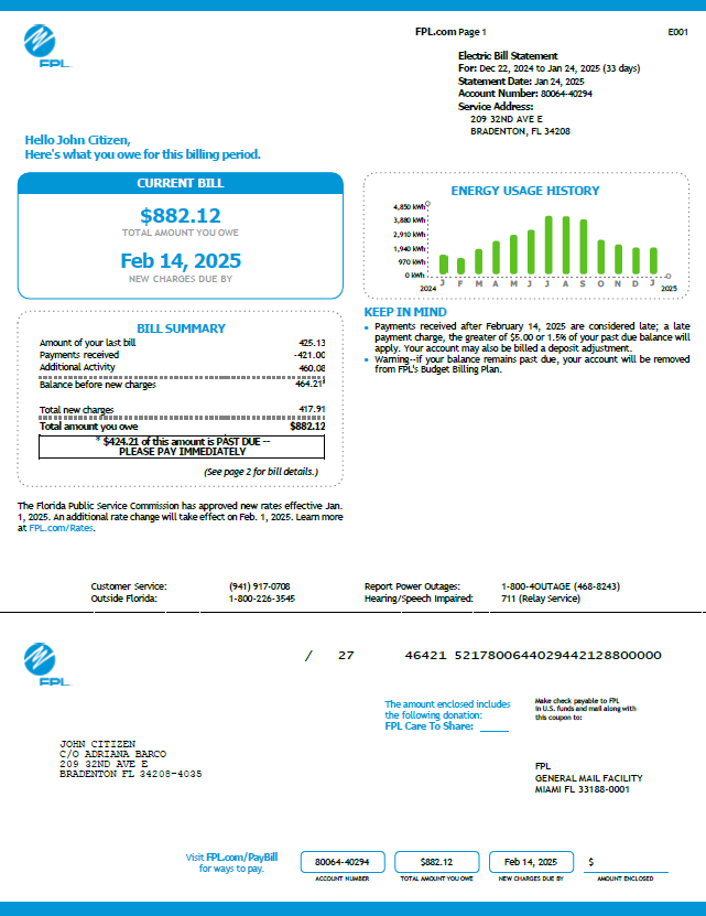 USA FPL utility bill template in Word and PDF formats, version 5