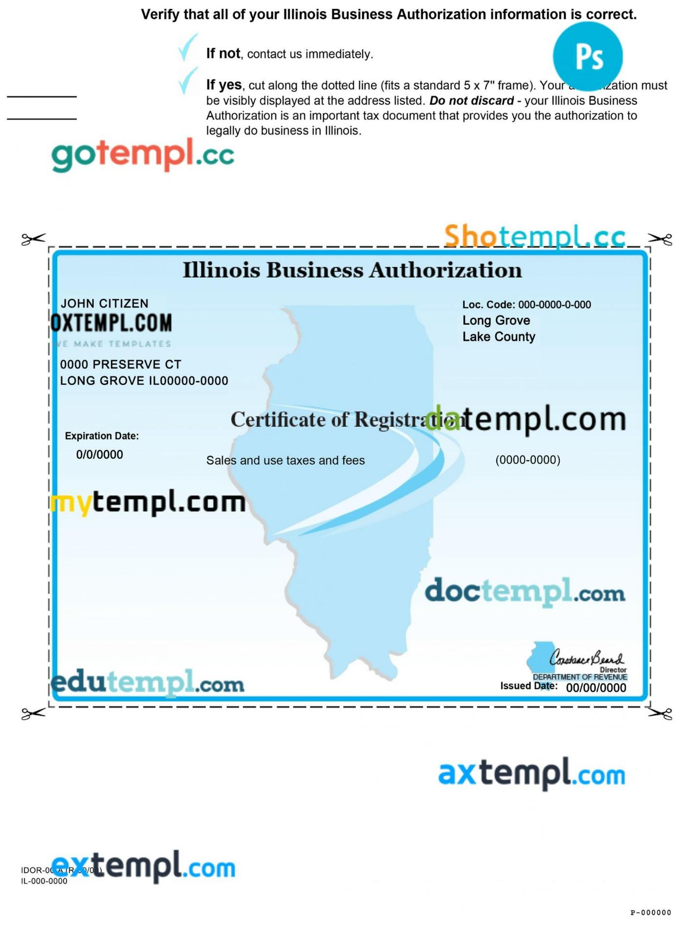 USA Illinois Business Authorization, Certificate of Registration PSD template, 2 pages