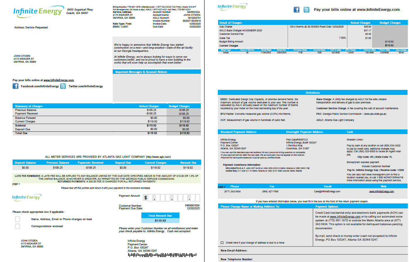 USA Infinite Energy utility bill template in Word and PDF formats, 2 pages