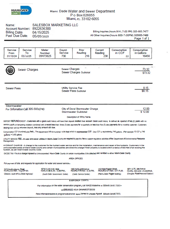 USA Miami Dade utility bill template in Word and PDF formats