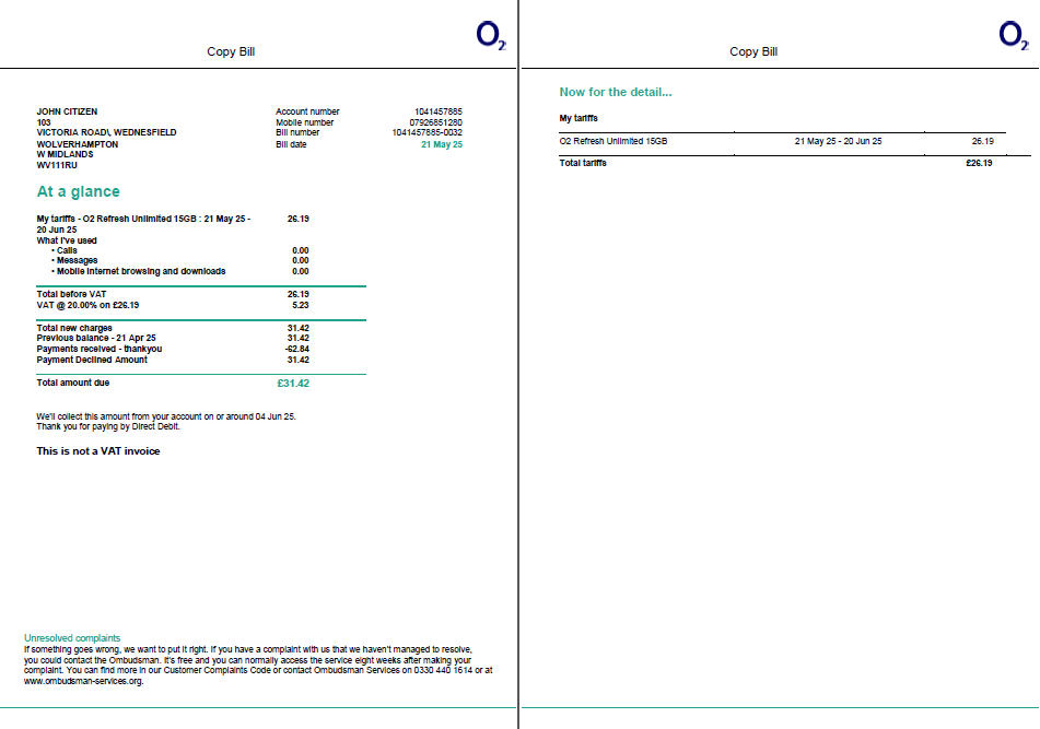 USA O2 utility bill template in Word and PDF formats, 2 pages, version 2