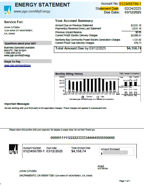 USA PG&E utility bill template in Word and PDF formats, version 2