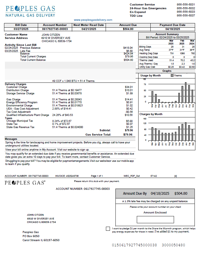 USA Peoples Gas utility bill template in Word and PDF formats, version 2