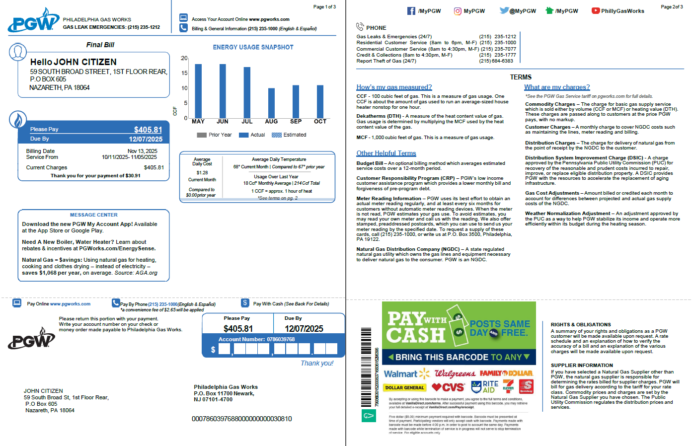 USA Philadelphia Gas Works utility bill template in Word and PDF formats, 3 pages