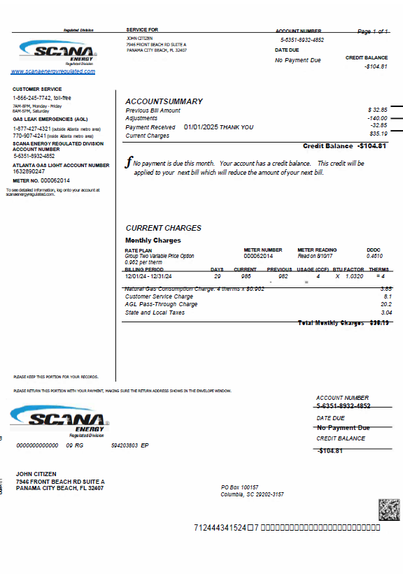 USA SCANA Energy utility bill template in Word and PDF formats