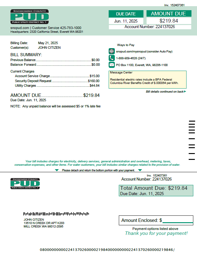 USA Snohomish County PUD utility bill template in Word and PDF formats
